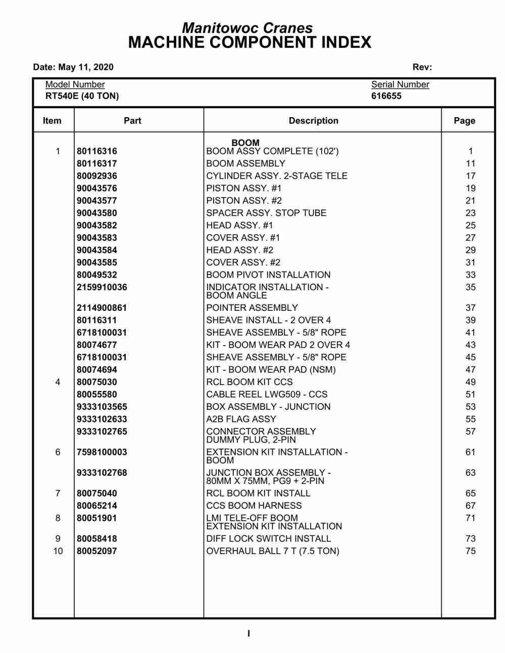 Grove RT540E Crane Parts Manual 616655 2020