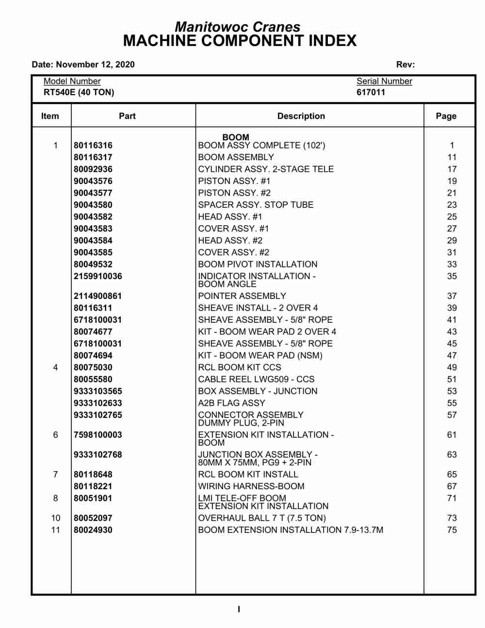 Grove RT540E Crane Parts Manual 617011 2020