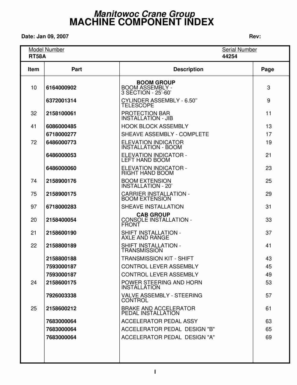 Grove RT58A Crane Parts Manual 44254 2007
