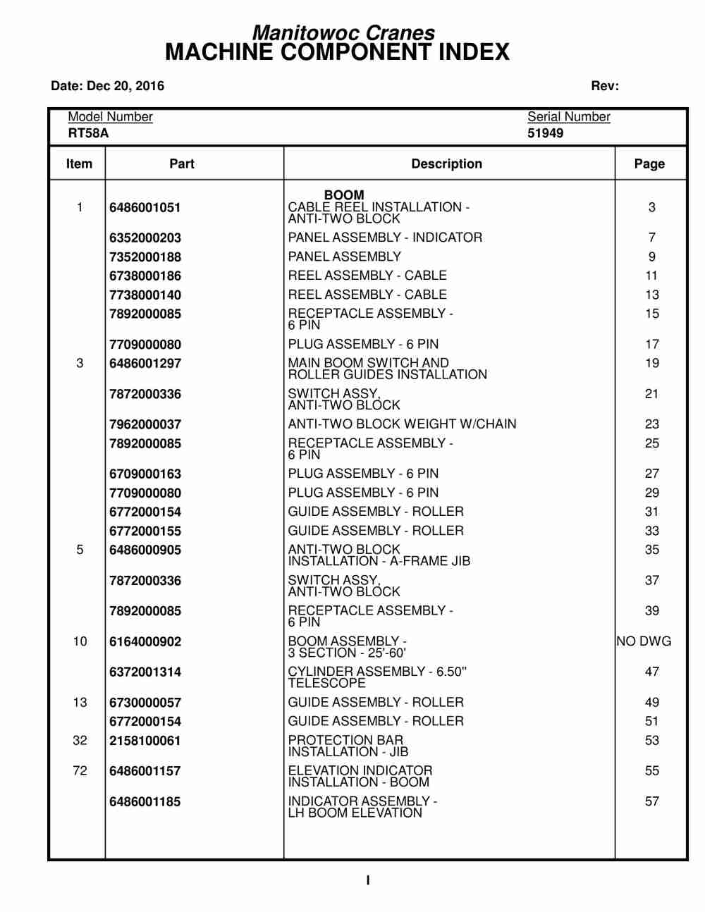Grove RT58A Crane Parts Manual 51949 2016