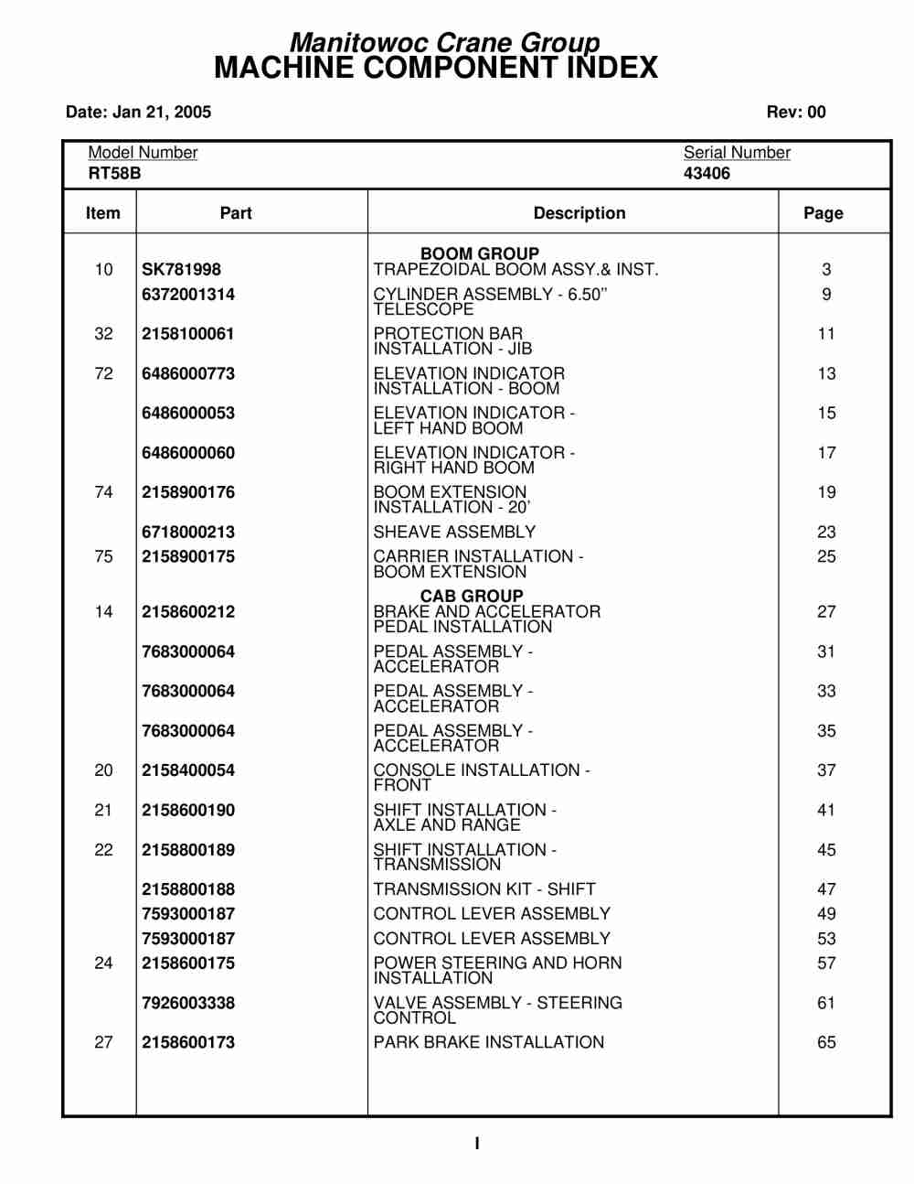 Grove RT58B Crane Parts Manual 43406 2005