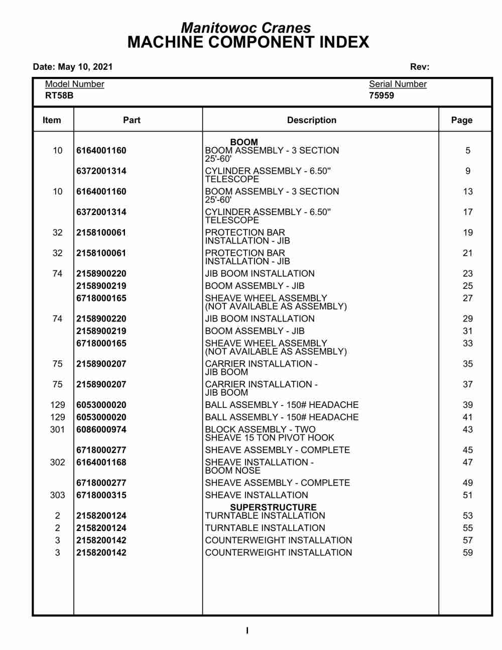 Grove RT58B Crane Parts Manual 75959 2021