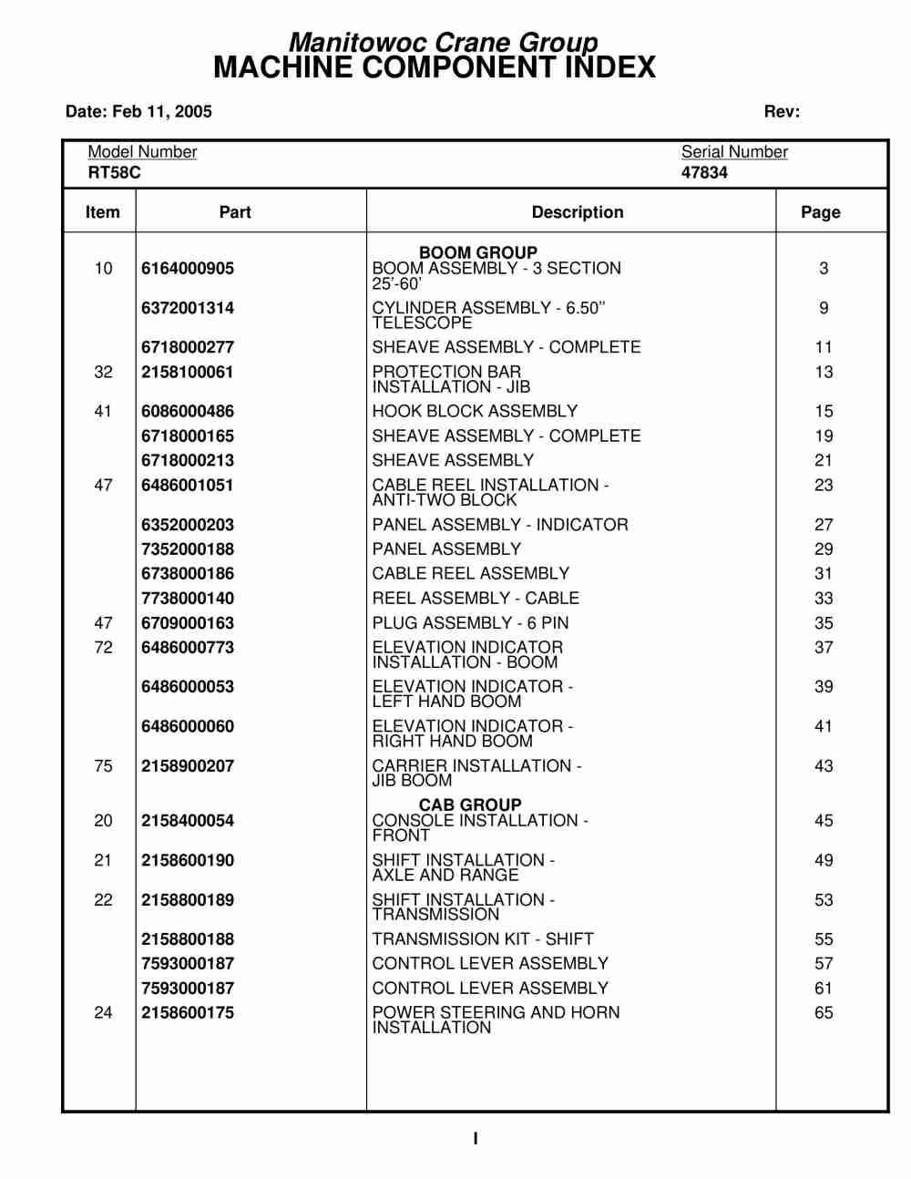 Grove RT58C Crane Parts Manual 47834 2005