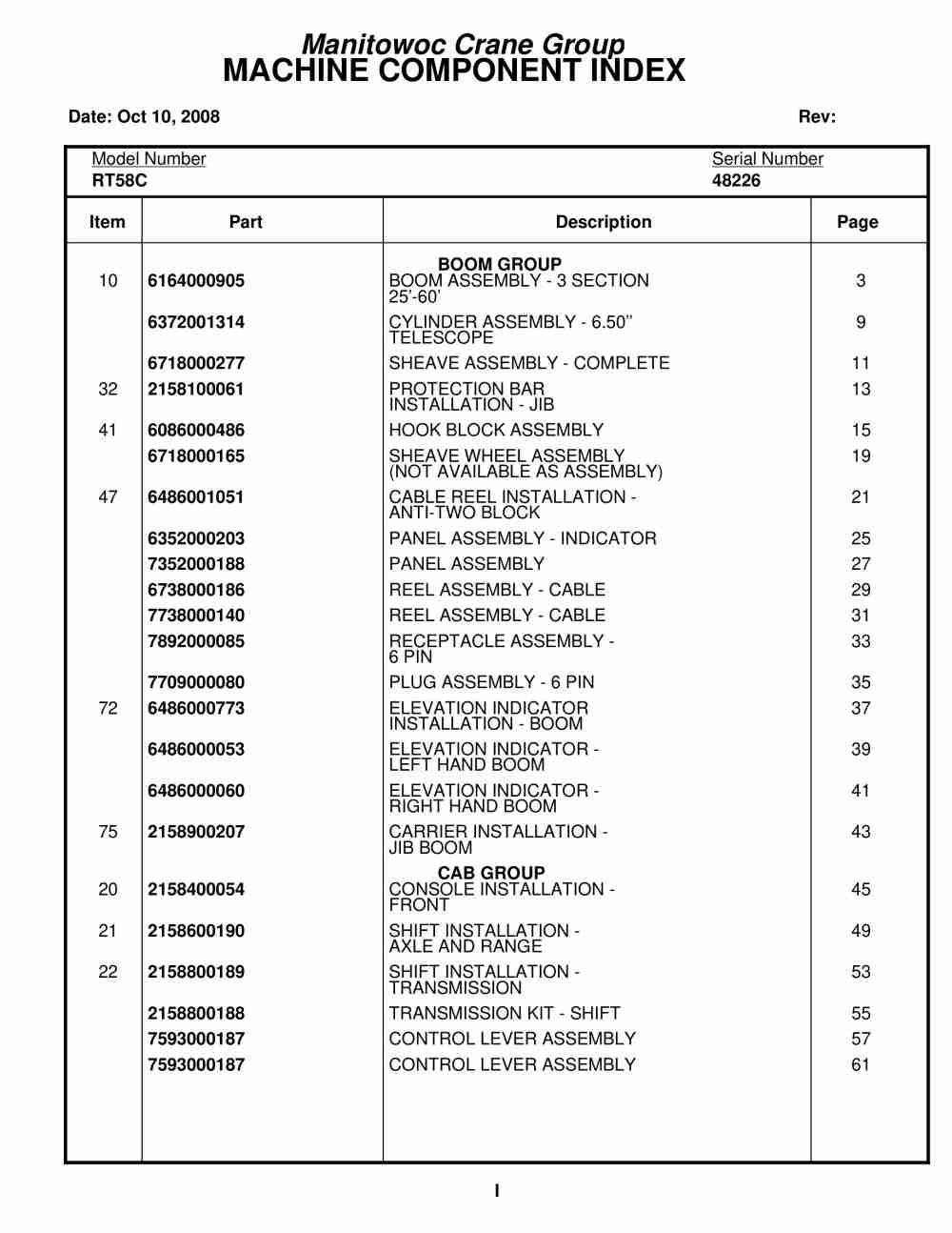 Grove RT58C Crane Parts Manual 48226 2008