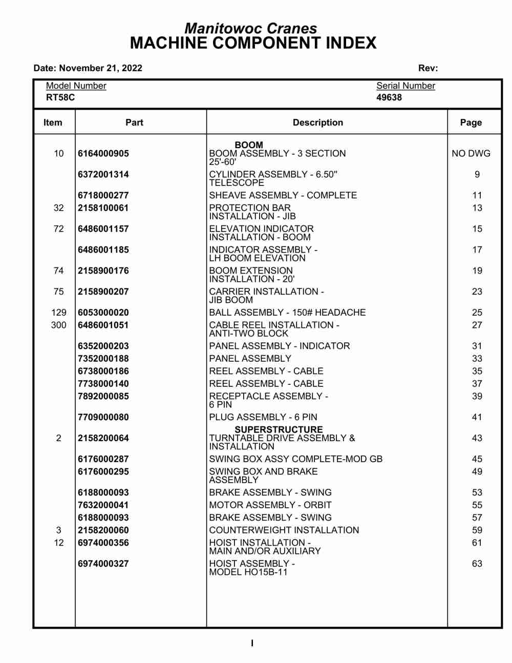 Grove RT58C Crane Parts Manual 49638 2022