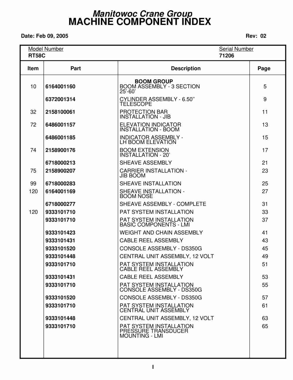 Grove RT58C Crane Parts Manual 71206 2005
