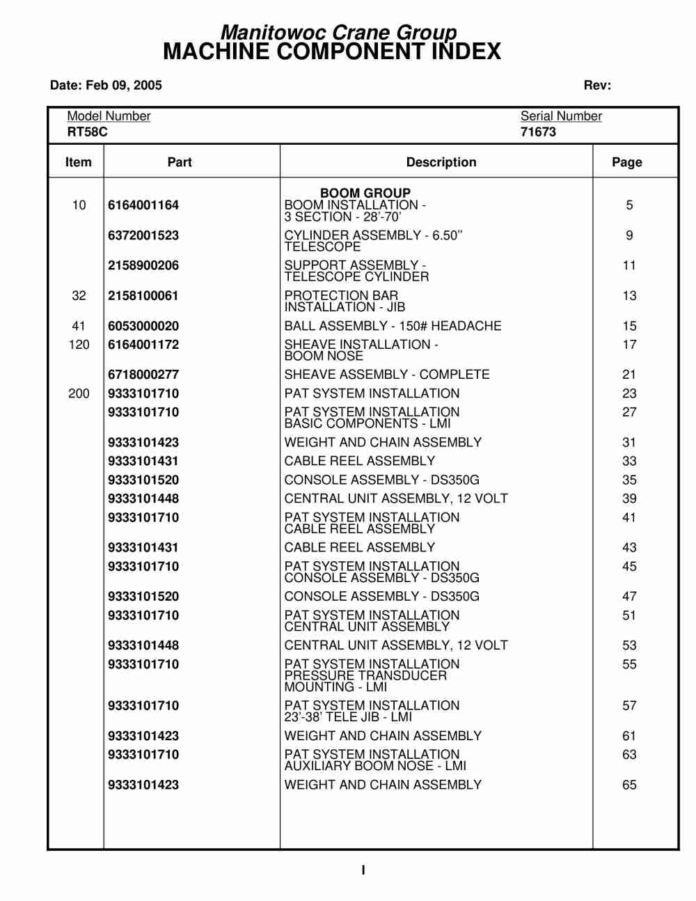 Grove RT58C Crane Parts Manual 71673 2005