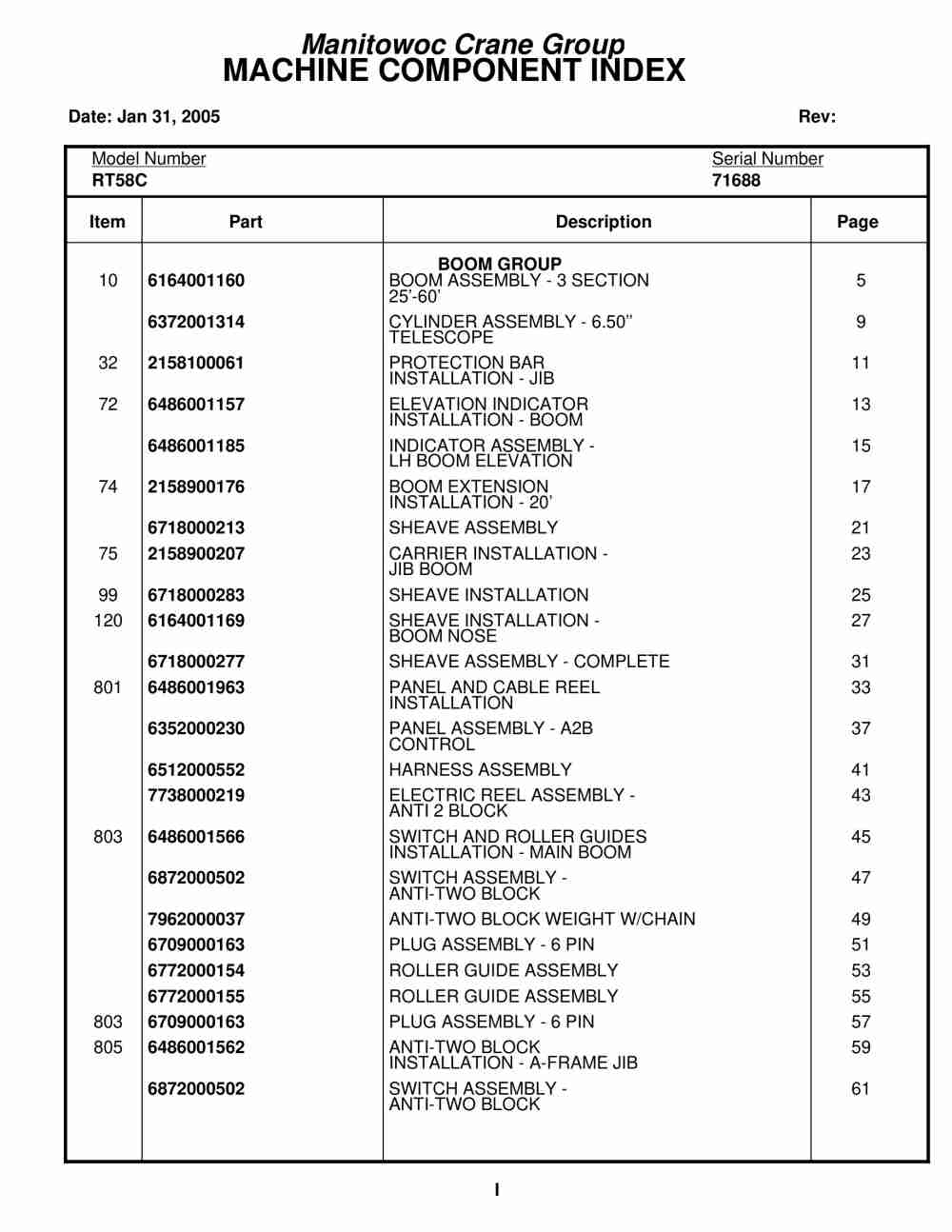 Grove RT58C Crane Parts Manual 71688 2005