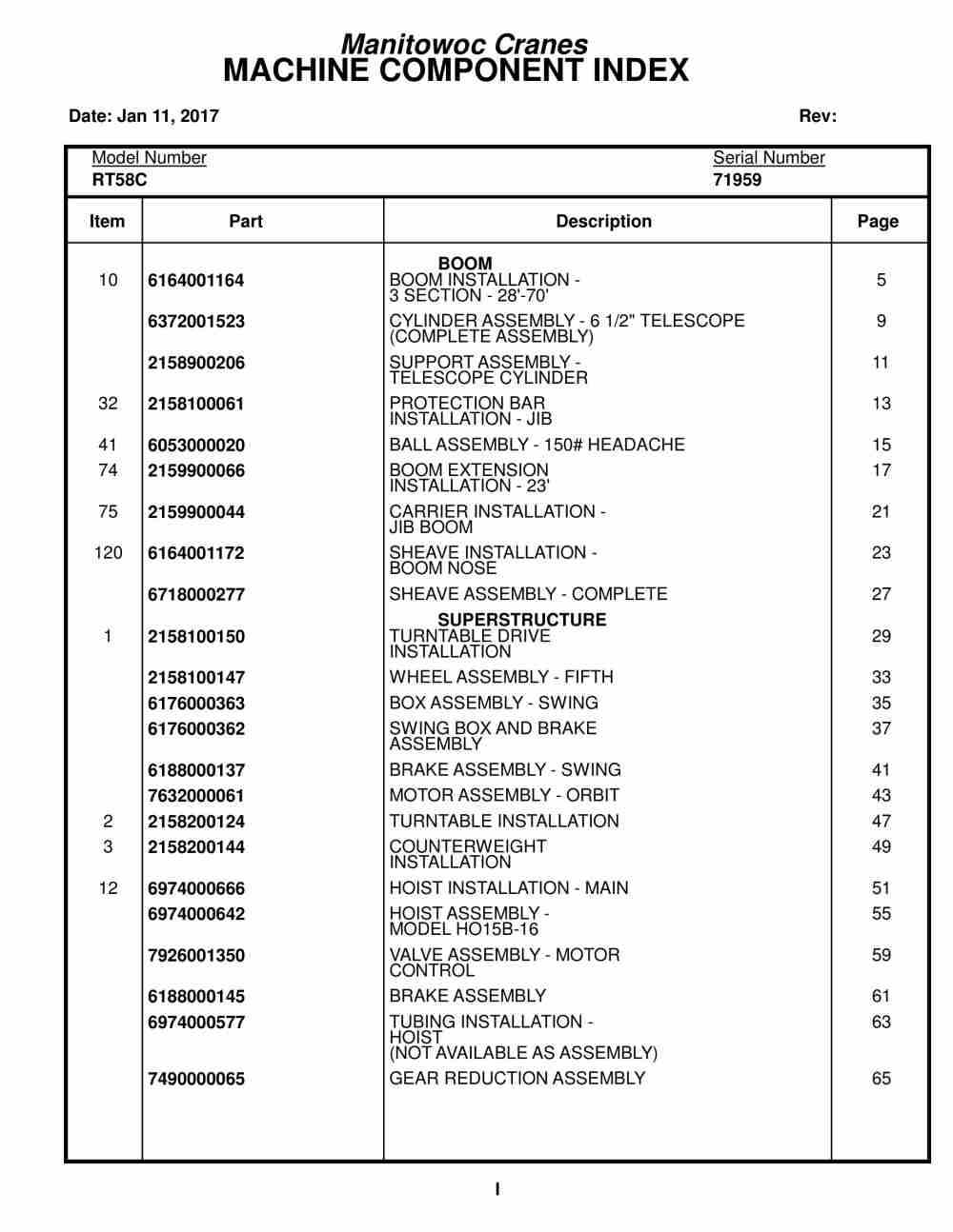 Grove RT58C Crane Parts Manual 71959 2017