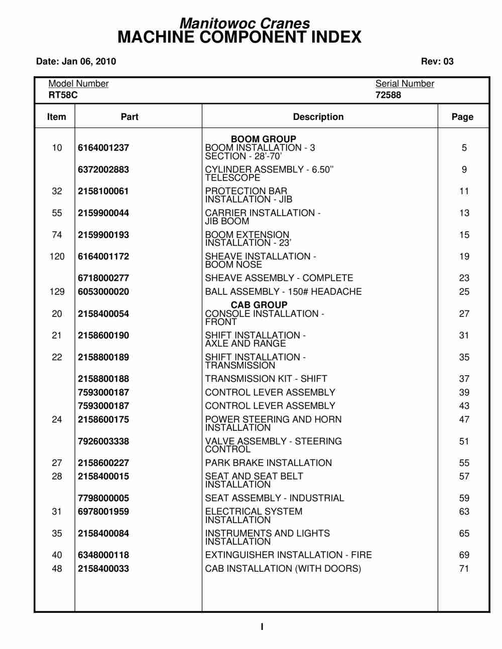 Grove RT58C Crane Parts Manual 72588 2010