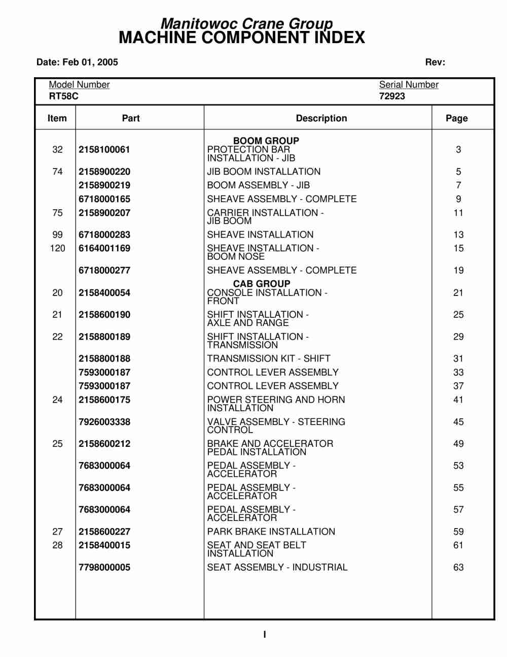 Grove RT58C Crane Parts Manual 72923 2005