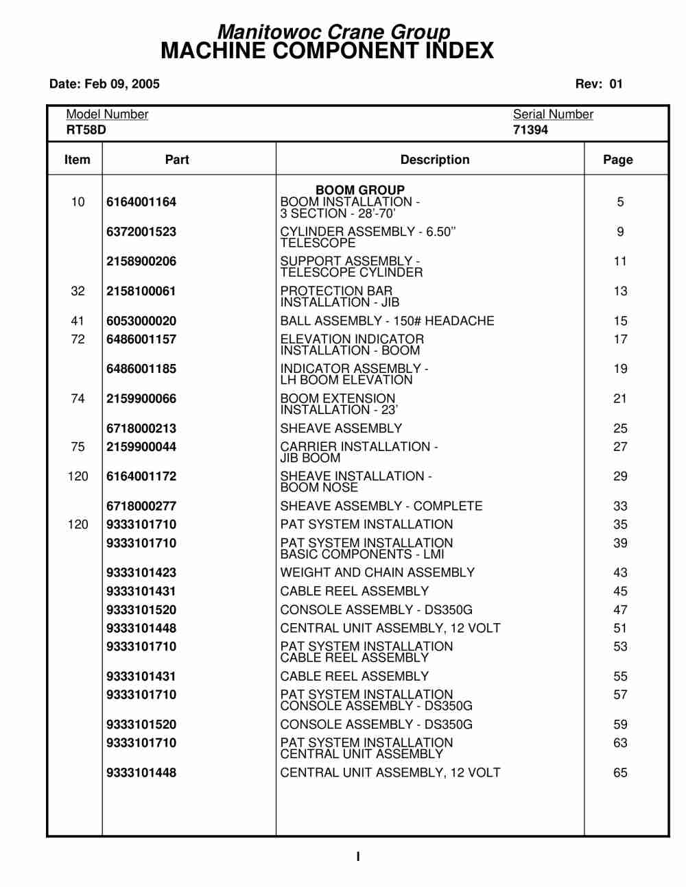 Grove RT58D Crane Parts Manual 71394 2005