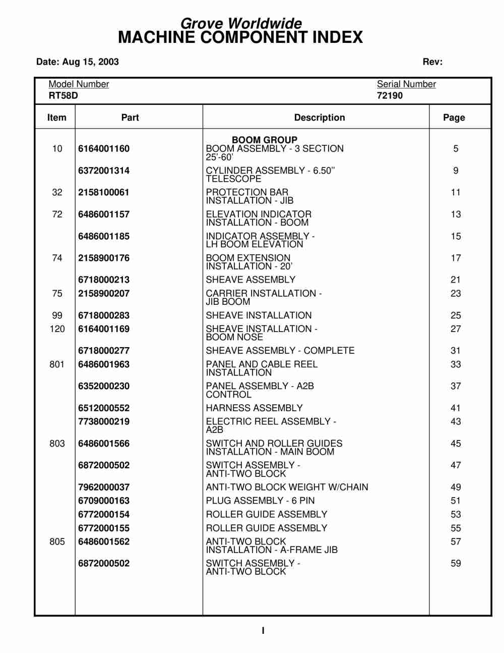 Grove RT58D Crane Parts Manual 72190 2003