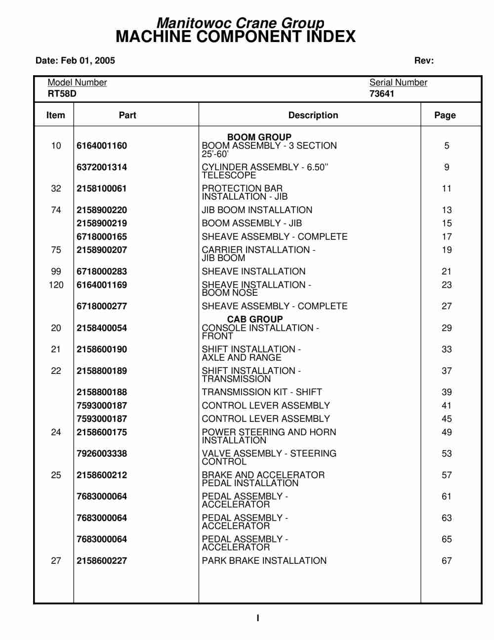 Grove RT58D Crane Parts Manual 73641 2005