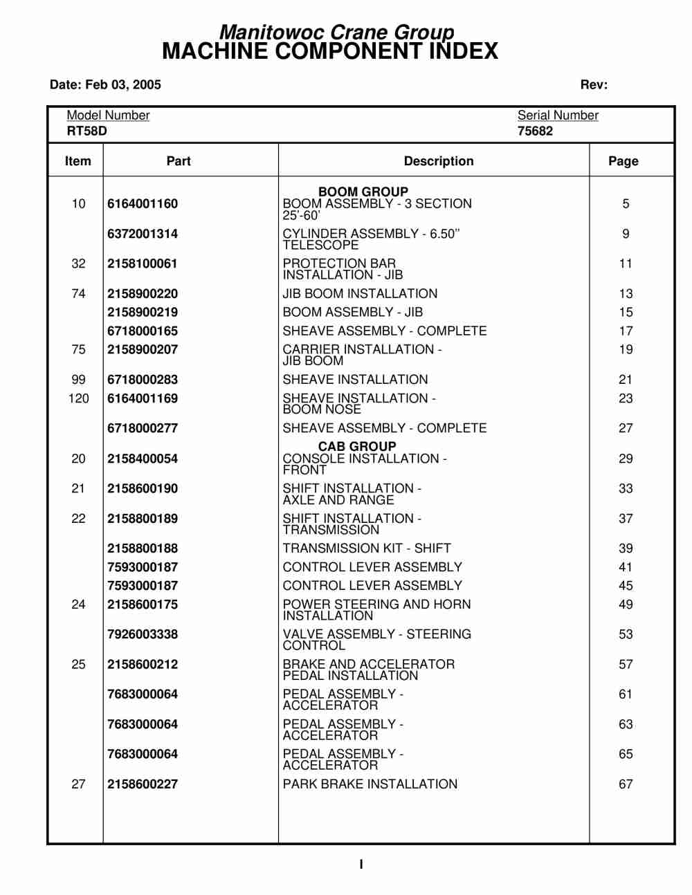 Grove RT58D Crane Parts Manual 75682 2005