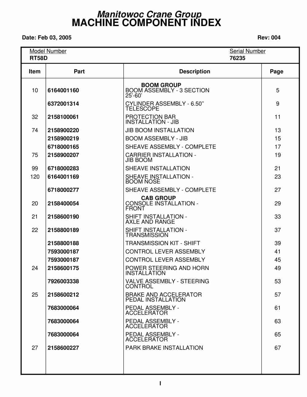 Grove RT58D Crane Parts Manual 76235 2005