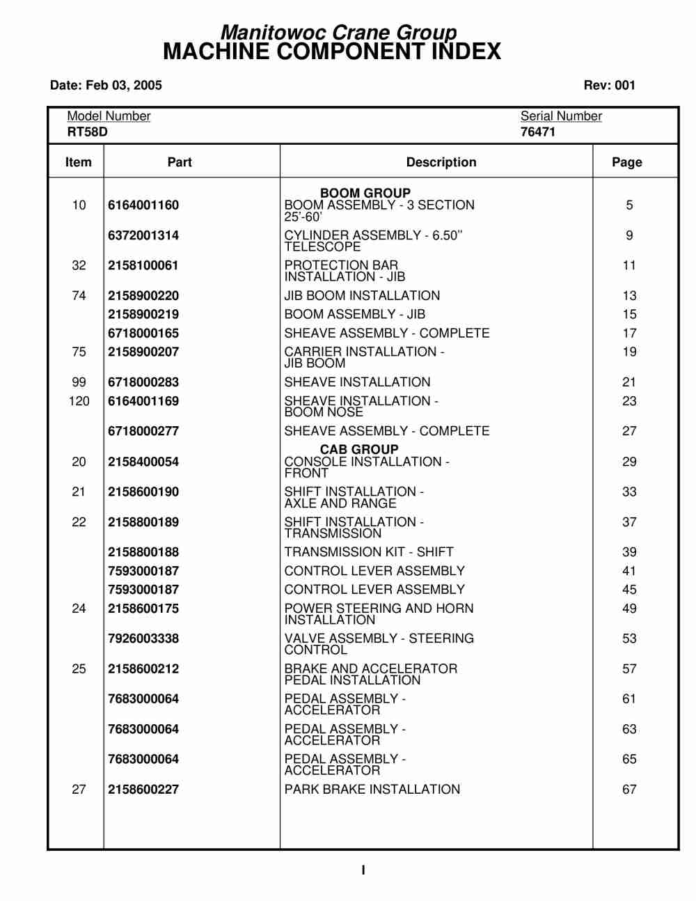 Grove RT58D Crane Parts Manual 76471 2005