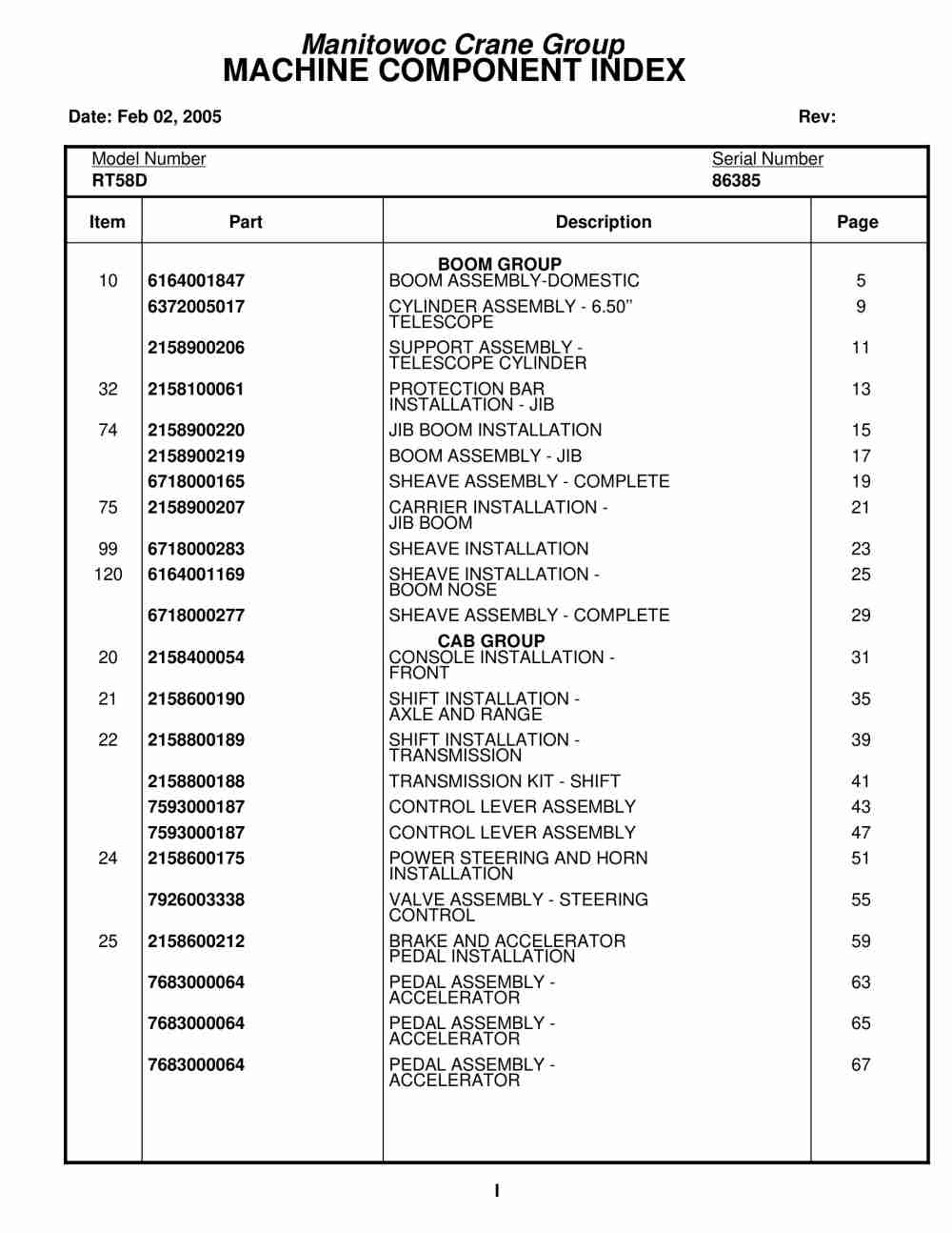 Grove RT58D Crane Parts Manual 86385 2005