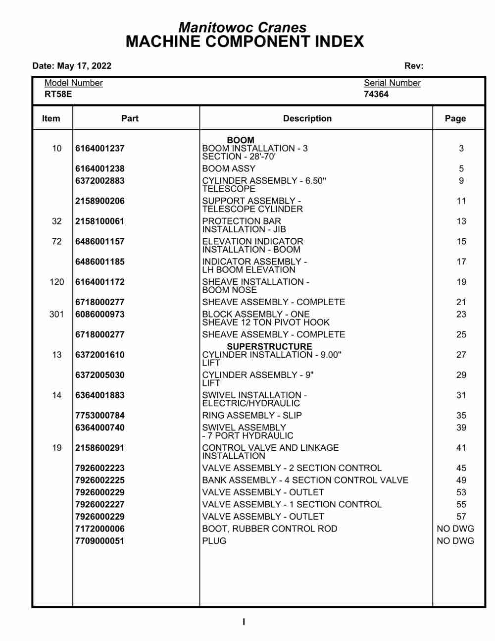 Grove RT58E Crane Parts Manual 74364 2022