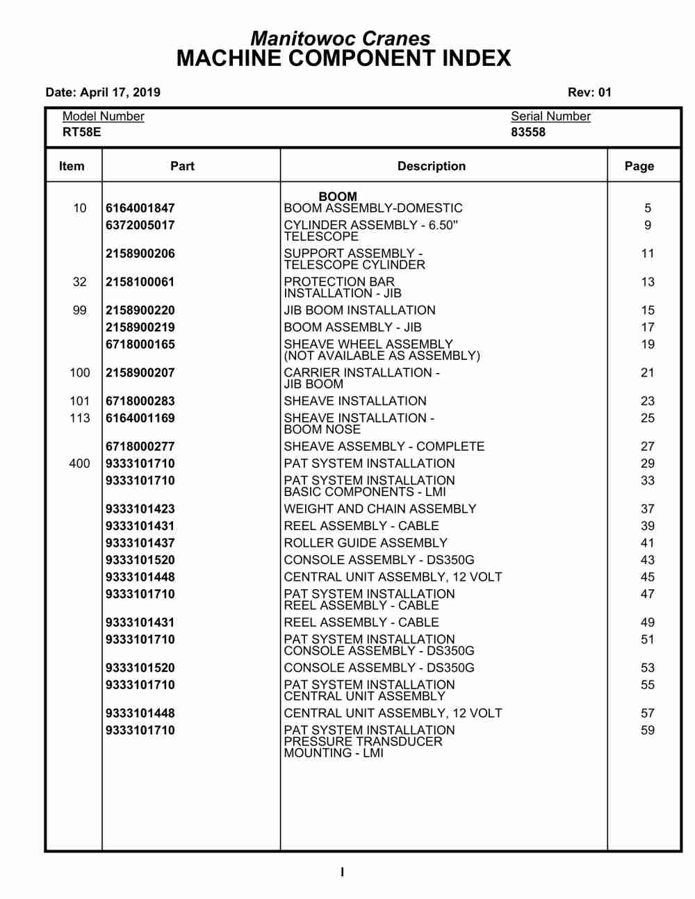 Grove RT58E Crane Parts Manual 83558 2019