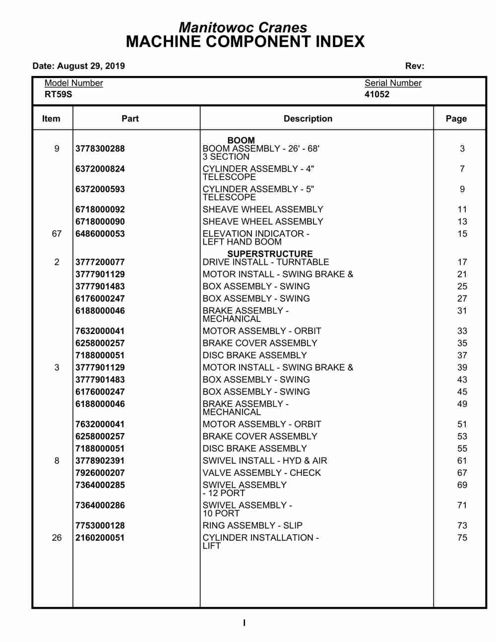 Grove RT59S Crane Parts Manual 41052 2019