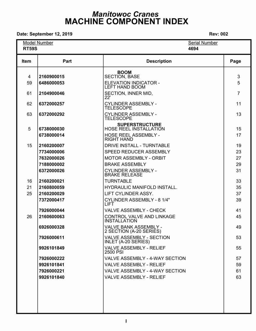 Grove RT59S Crane Parts Manual 4694 2019