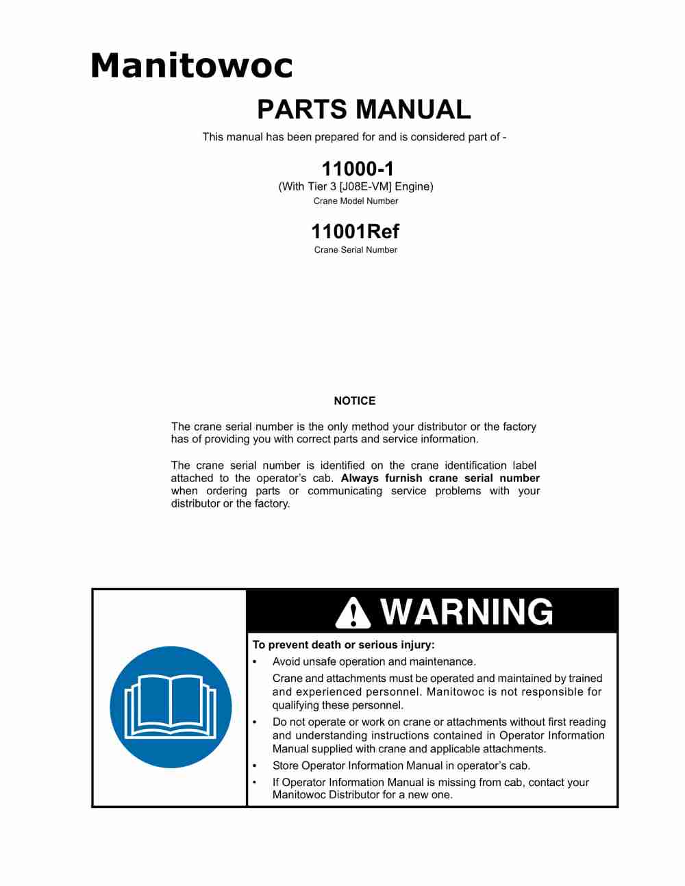 Manitowoc 11000-1 Crane Parts Manual 11001 2016