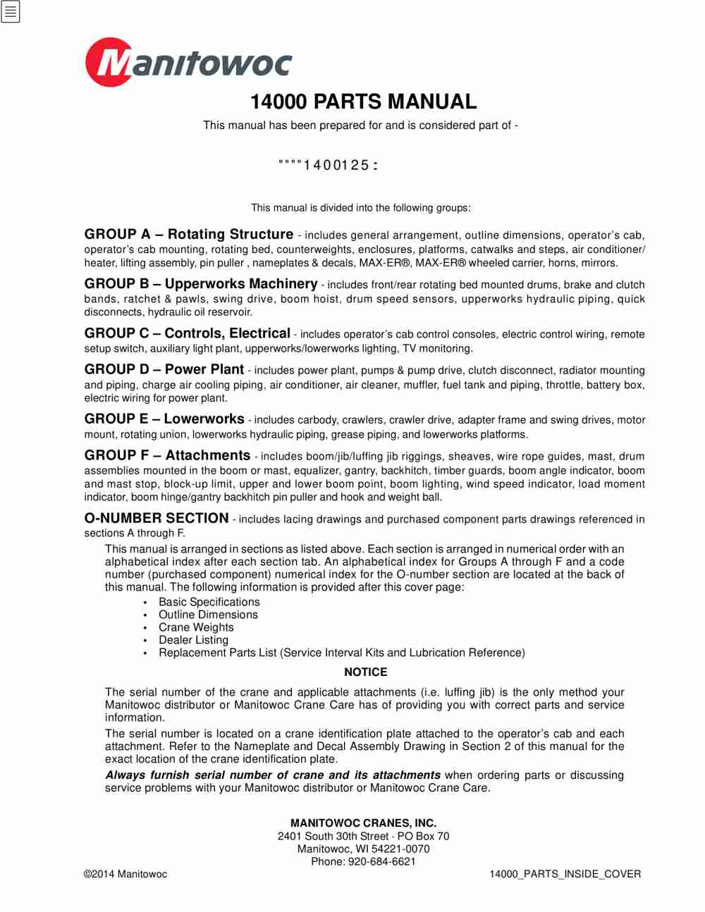Manitowoc 14000 Crane Parts Manual 14001038 2014