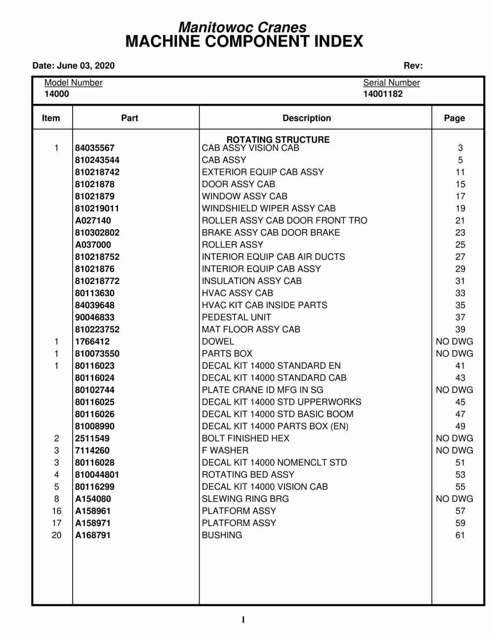 Manitowoc 14000 Crane Parts Manual 14001182 2020