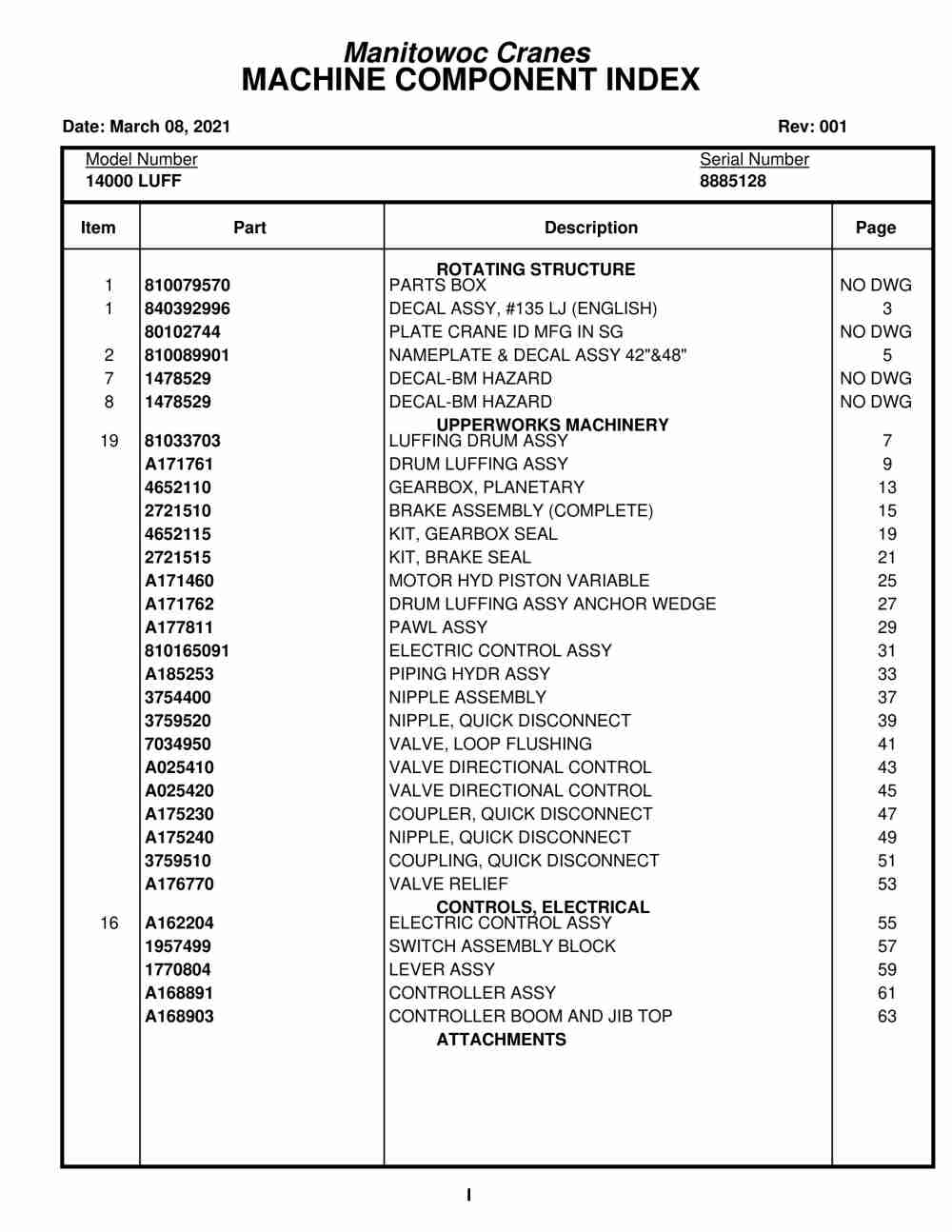 Manitowoc 14000 LUFF Crane Parts Manual 8885128 2021