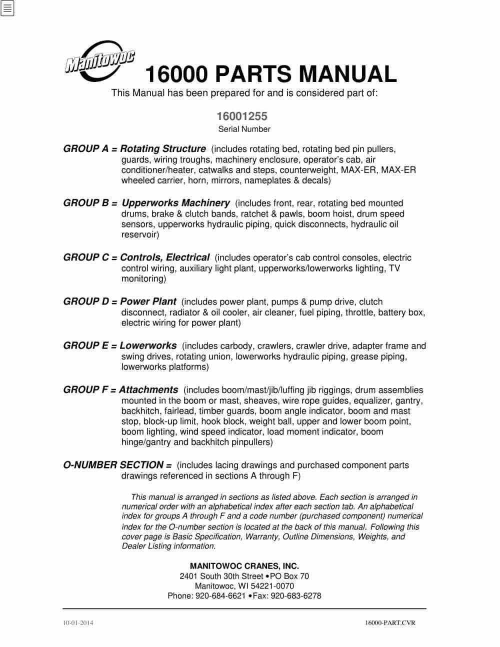 Manitowoc 16000 Crane Parts Manual 16001033 2014