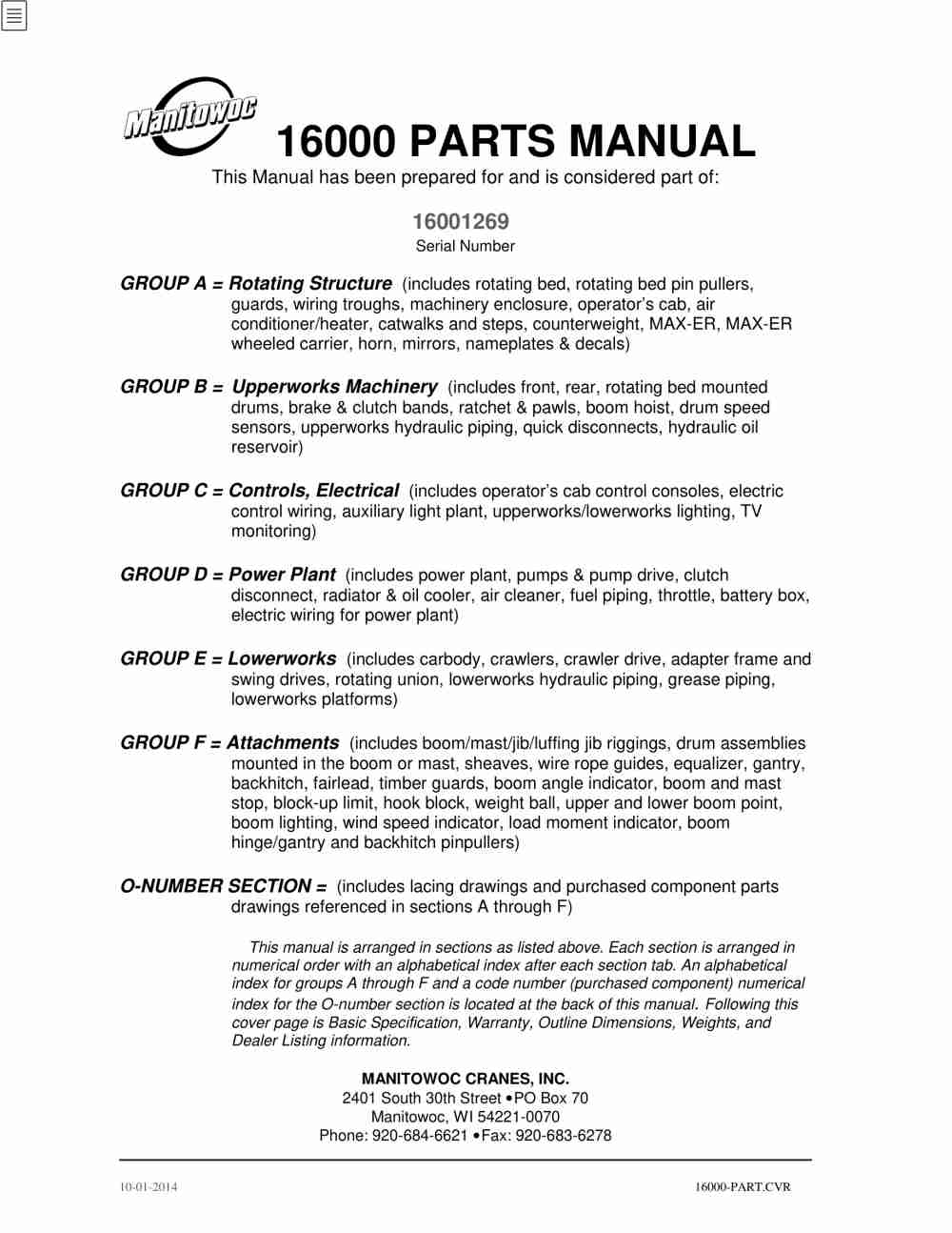 Manitowoc 16000 Crane Parts Manual 16001047 2014