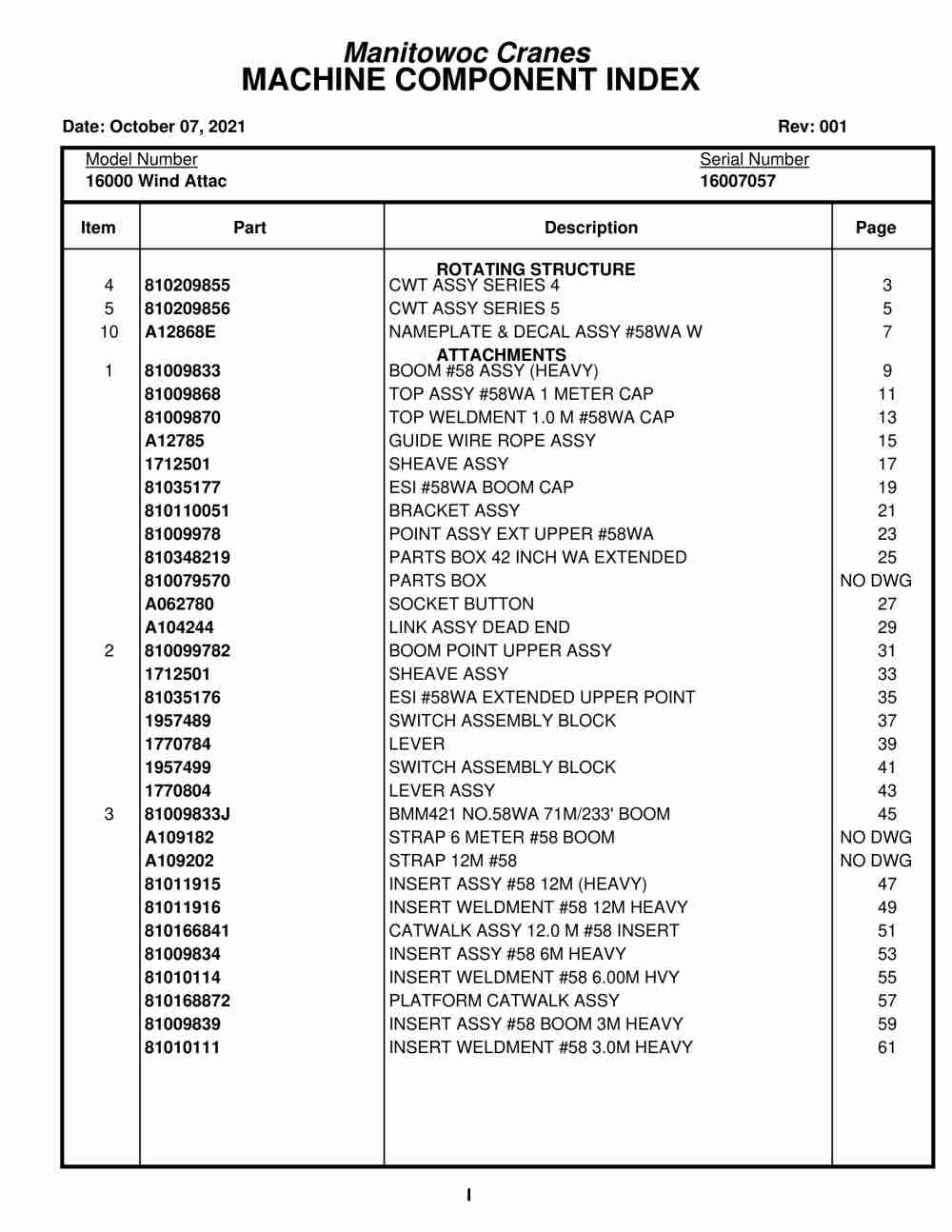 Manitowoc 16000 Wind Attac Crane Parts Manual 16007057 2021
