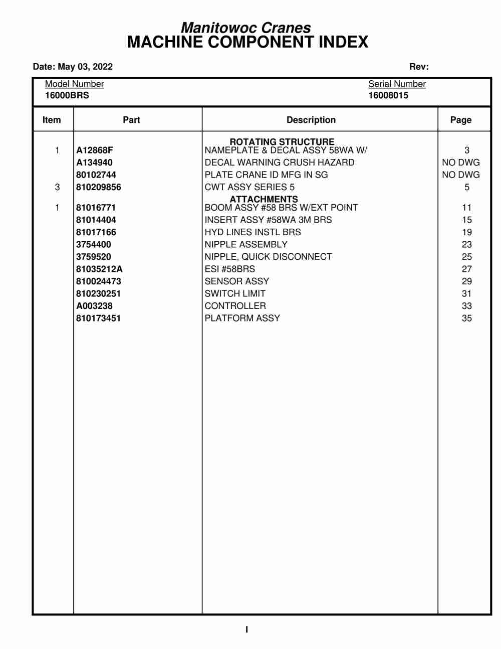 Manitowoc 16000BRS Crane Parts Manual 16008015 2022