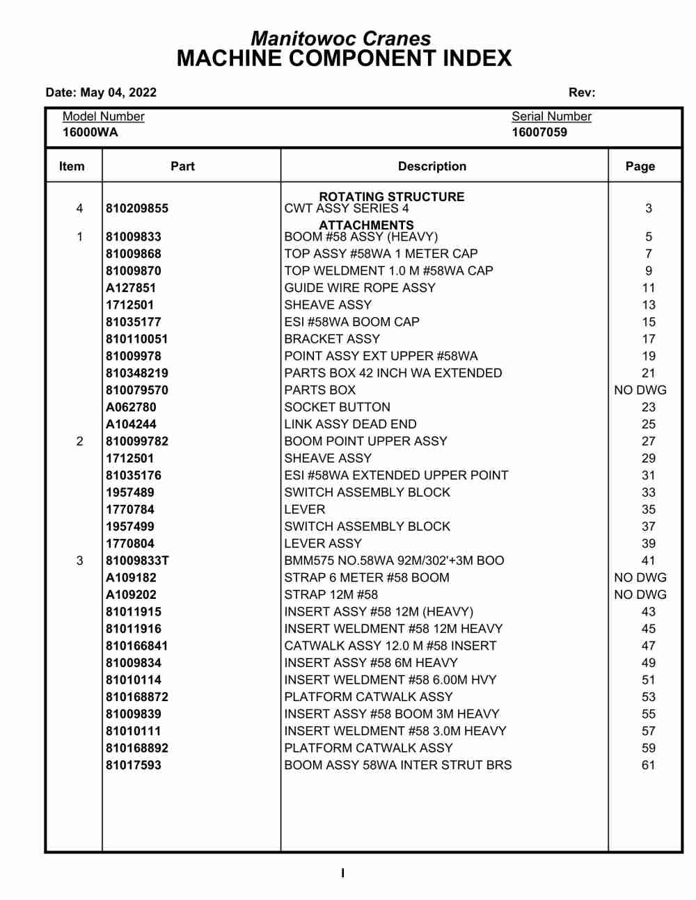 Manitowoc 16000WA Crane Parts Manual 16007059 2022