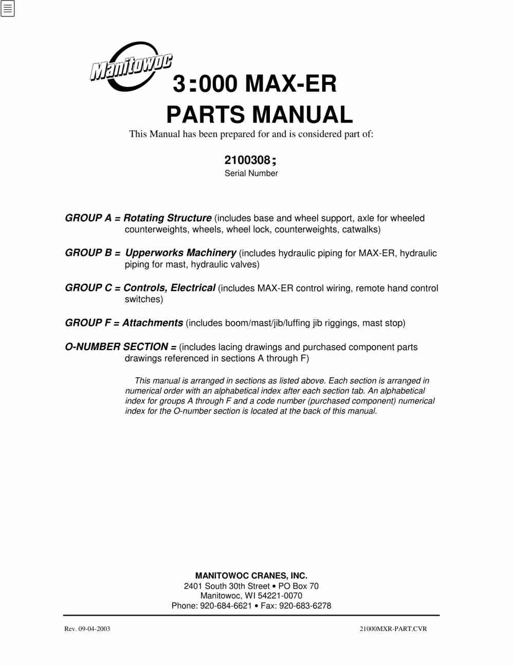 Manitowoc 18000MAX-ER Crane Parts Manual 21003089 2003