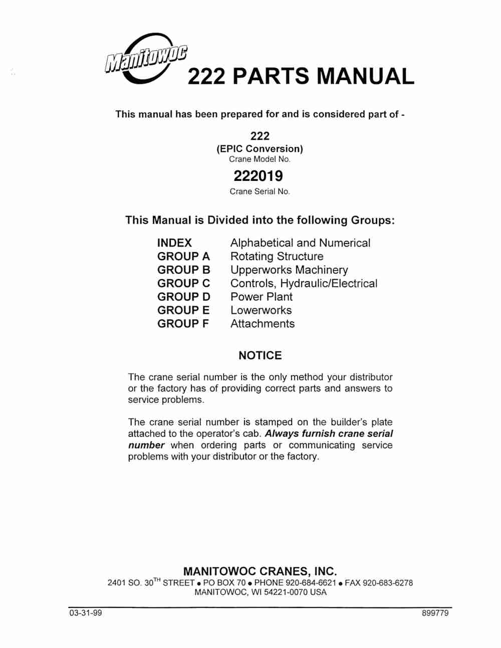 Manitowoc 222 Crane Parts Manual 222019 1999