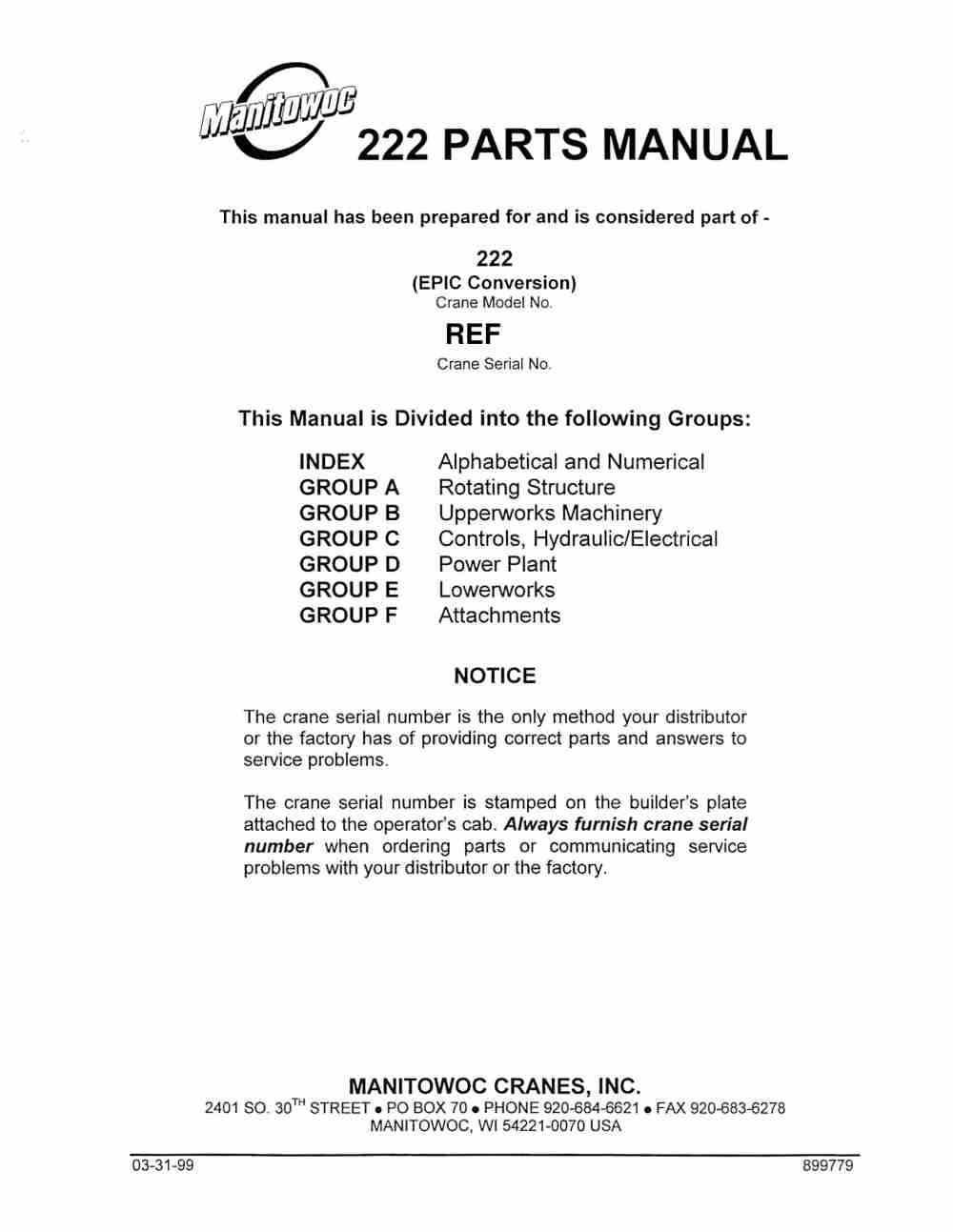Manitowoc 222 Crane Parts Manual 899779 1999