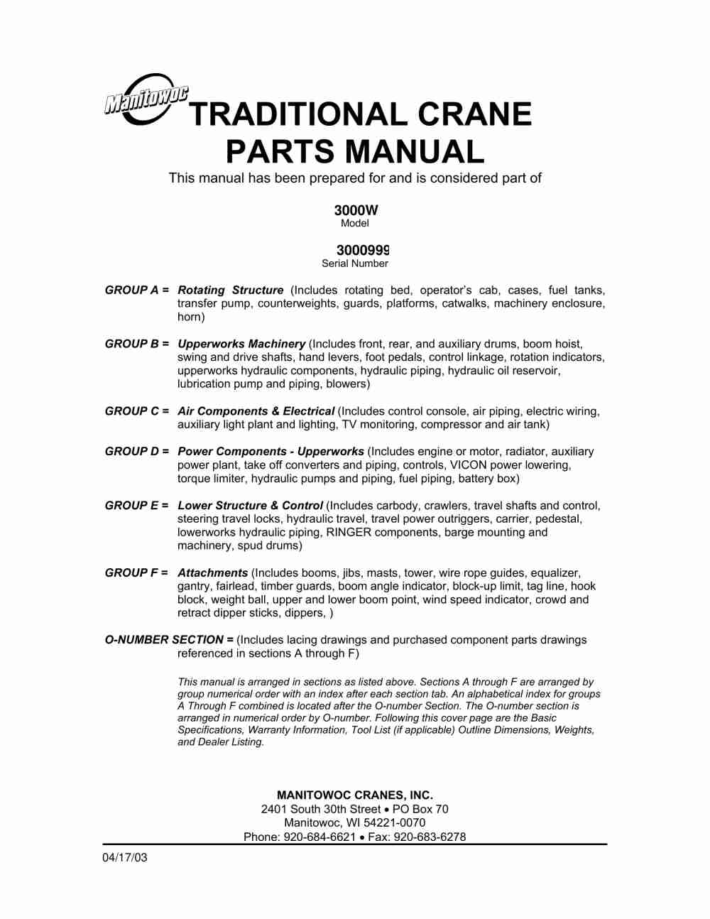 Manitowoc 3000W Crane Parts Manual 3000999 2003