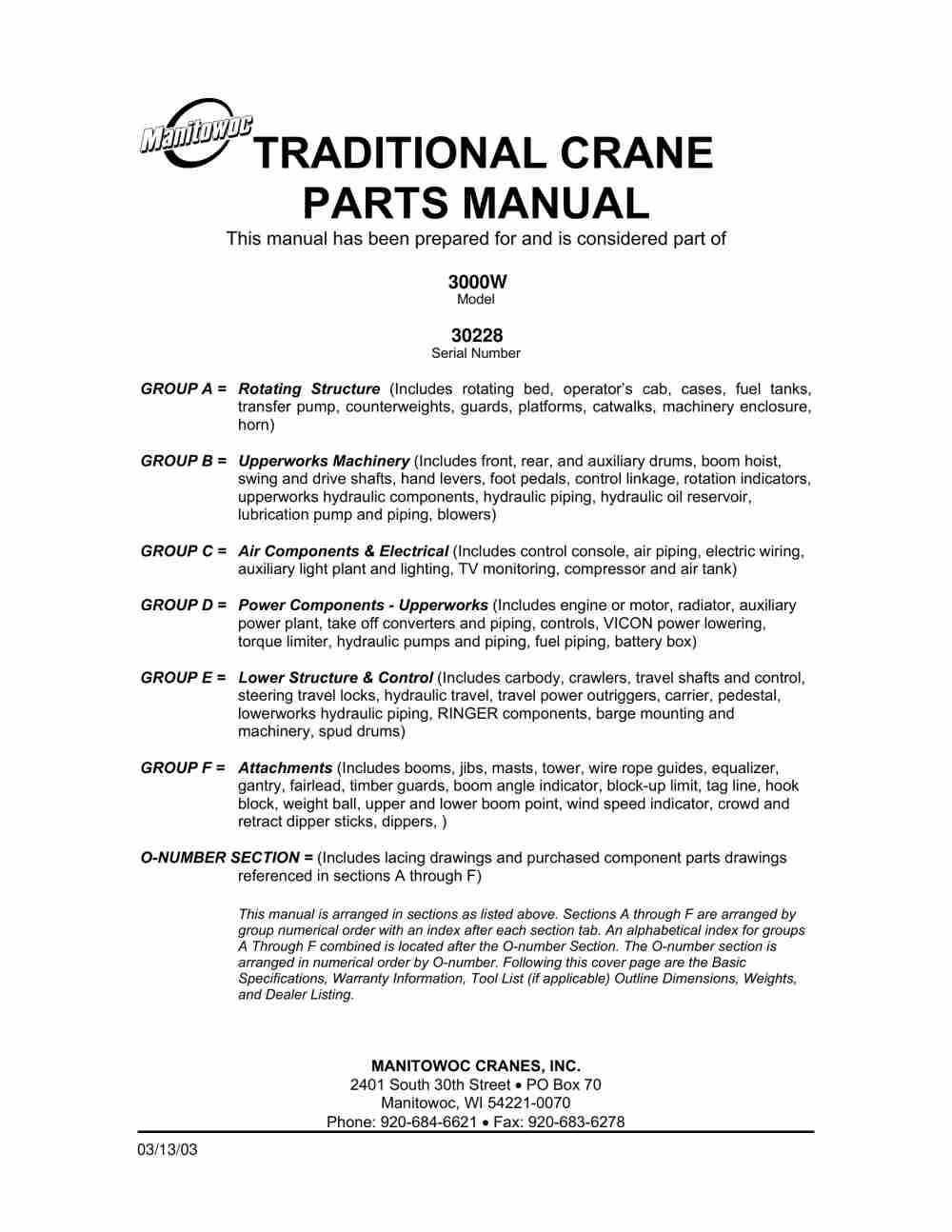 Manitowoc 3000W Crane Parts Manual 30228 2003