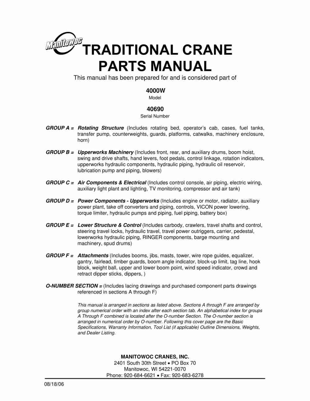 Manitowoc 4000W Crane Parts Manual 40690 2006 1 Manitowoc 4000W Crane Parts Manual 40690 2006