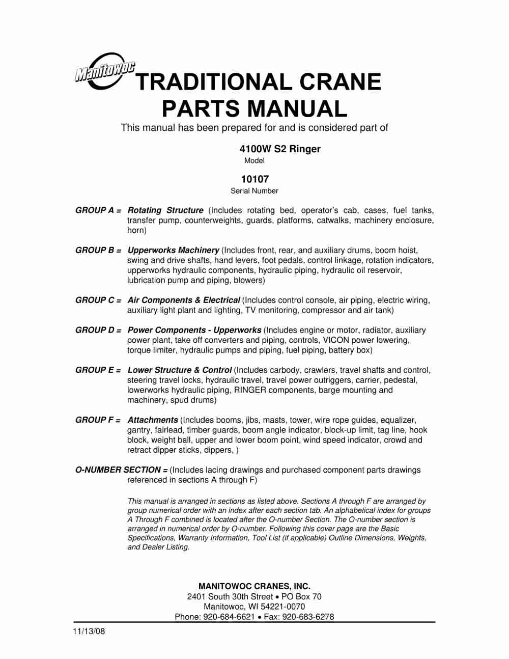 Manitowoc 4100W S2 RINGER Crane Parts Manual 10107 2008