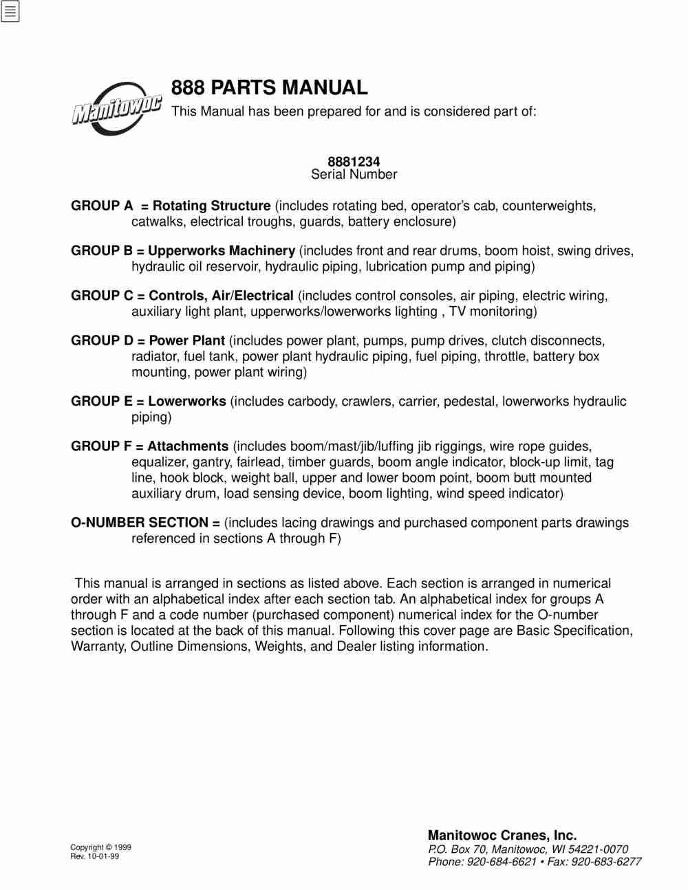 Manitowoc 888 Crane Parts Manual 8881012 1999