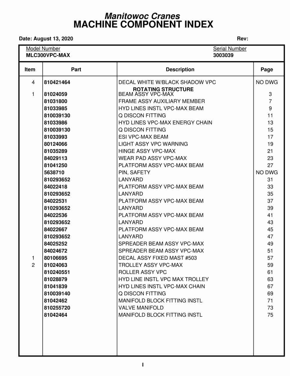 Manitowoc 999 Crane Parts Manual 3003039 2020