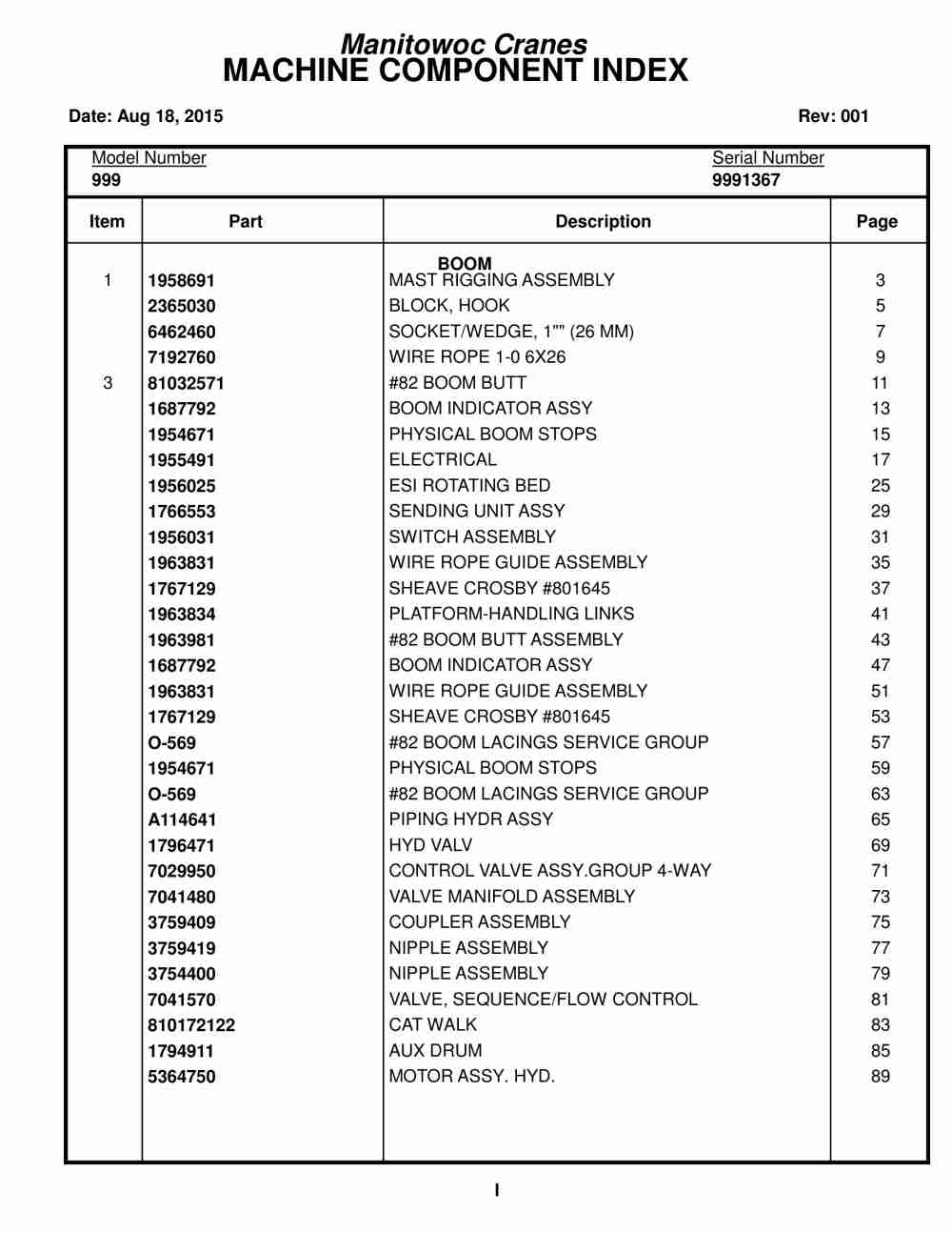 Manitowoc 999 Crane Parts Manual 9991367 2015
