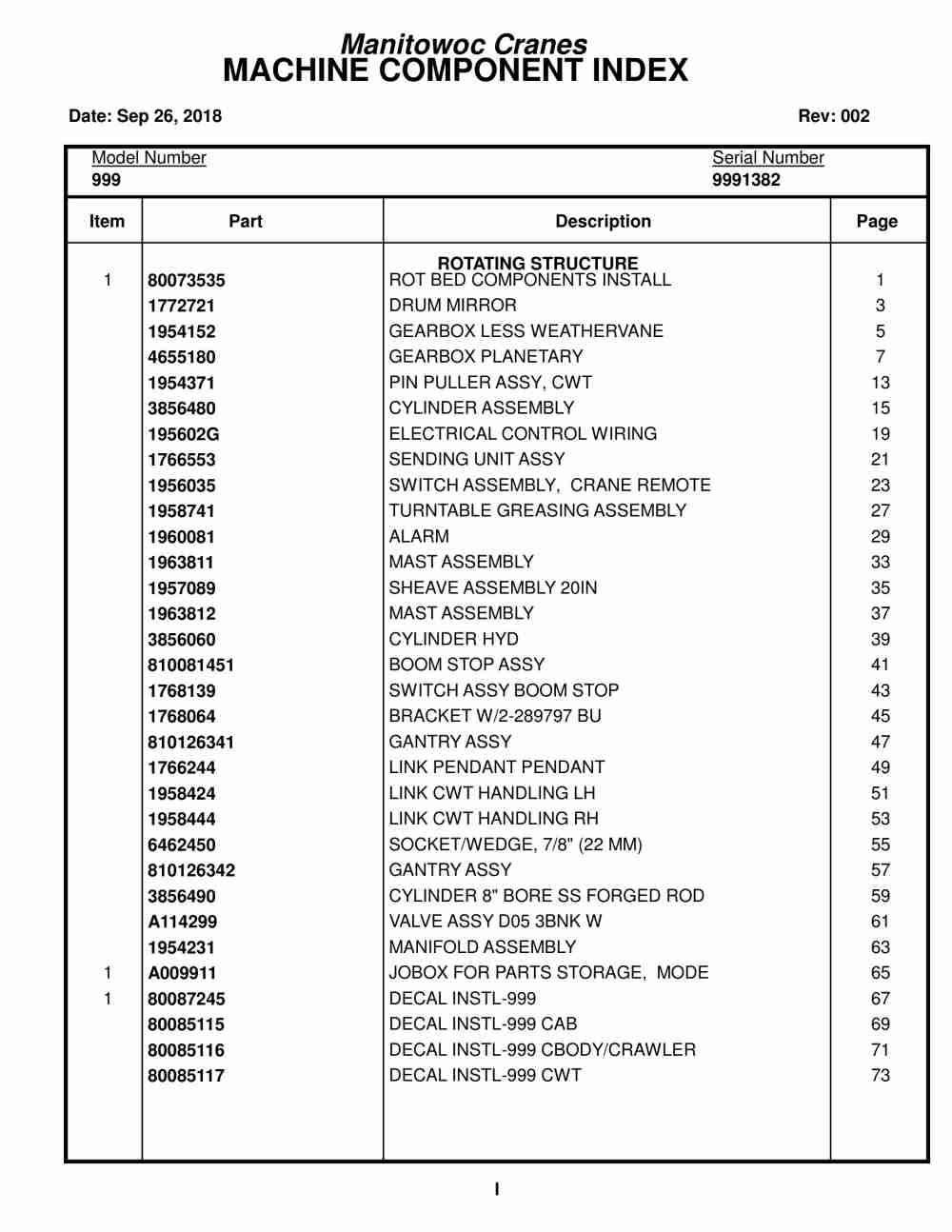 Manitowoc 999 Crane Parts Manual 9991382 2018