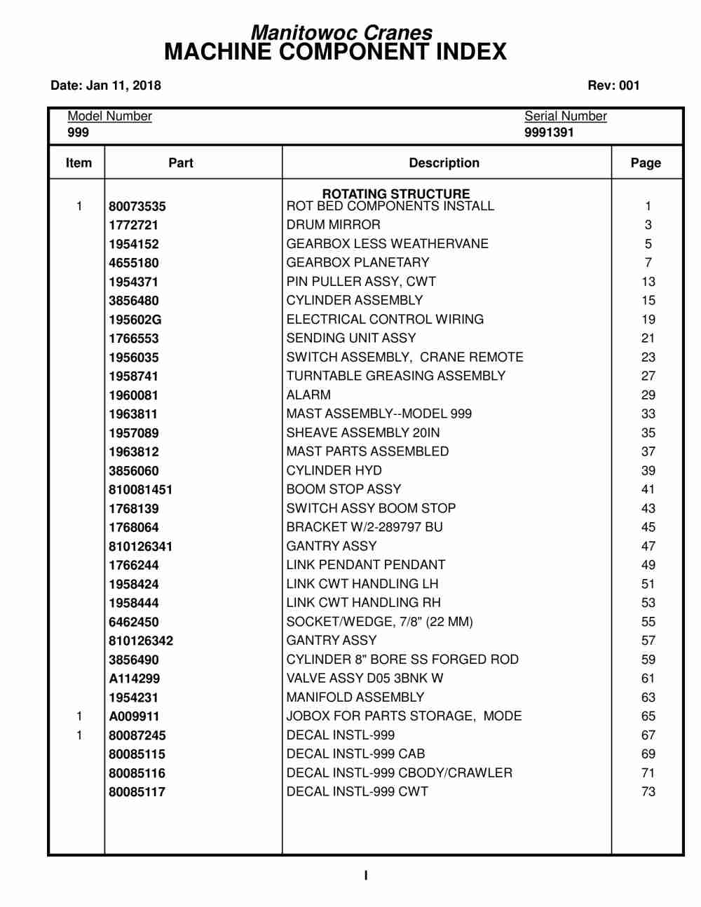 Manitowoc 999 Crane Parts Manual 9991391 2018