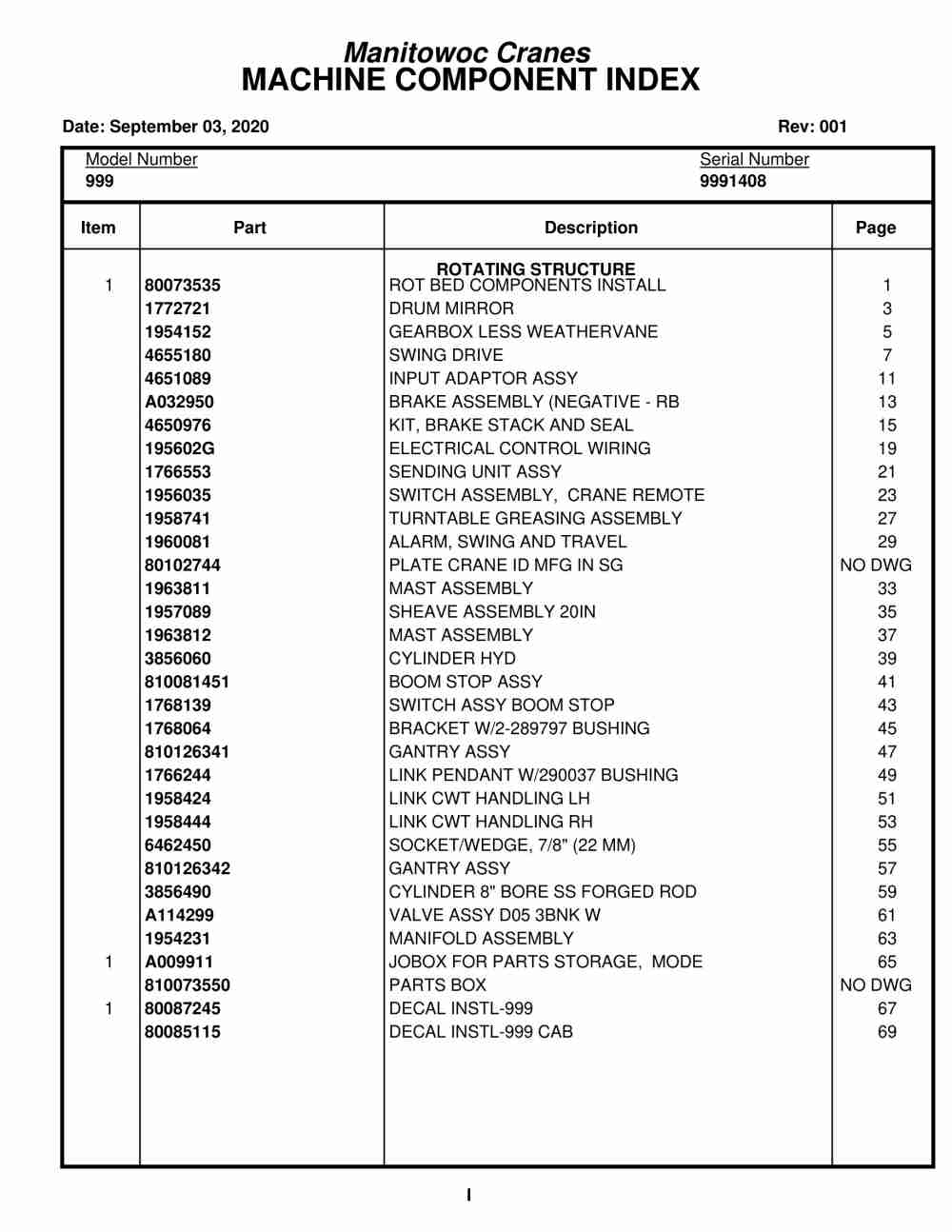 Manitowoc 999 Crane Parts Manual 9991408 2020