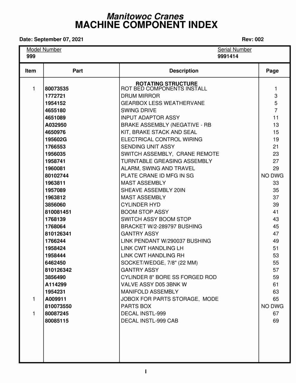 Manitowoc 999 Crane Parts Manual 9991414 2021
