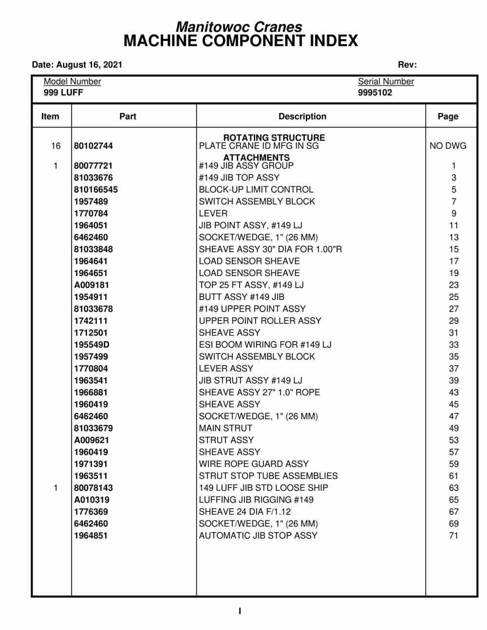 Manitowoc 999 LUFF Crane Parts Manual 9995102 2021